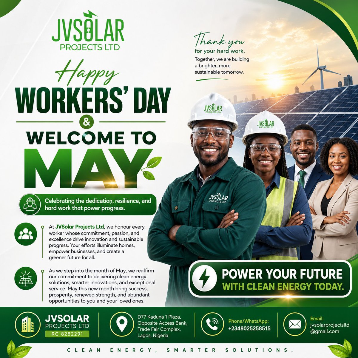 jvsolarprojects's tweet photo. As we step into the month of May, JVSolar extends warm wishes of progress, strength, and renewed energy to everyone building, creating, and contributing to growth in their various fields.
📞 +2348025258515
📧 jvsolarprojectsltd@gmail.com
RC 8282291 https://t.co/WB7JXTMFTJ