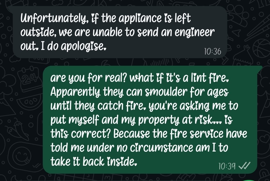 taz81's tweet photo. @HotpointUK My tumble dryer just turned itself on and started smoking with the door open. I've unplugged it and taken it outside. Your cust serv rep has told me to take it back inside or an engineer won't call... is this common practice??? https://t.co/PzvJwbVfXC