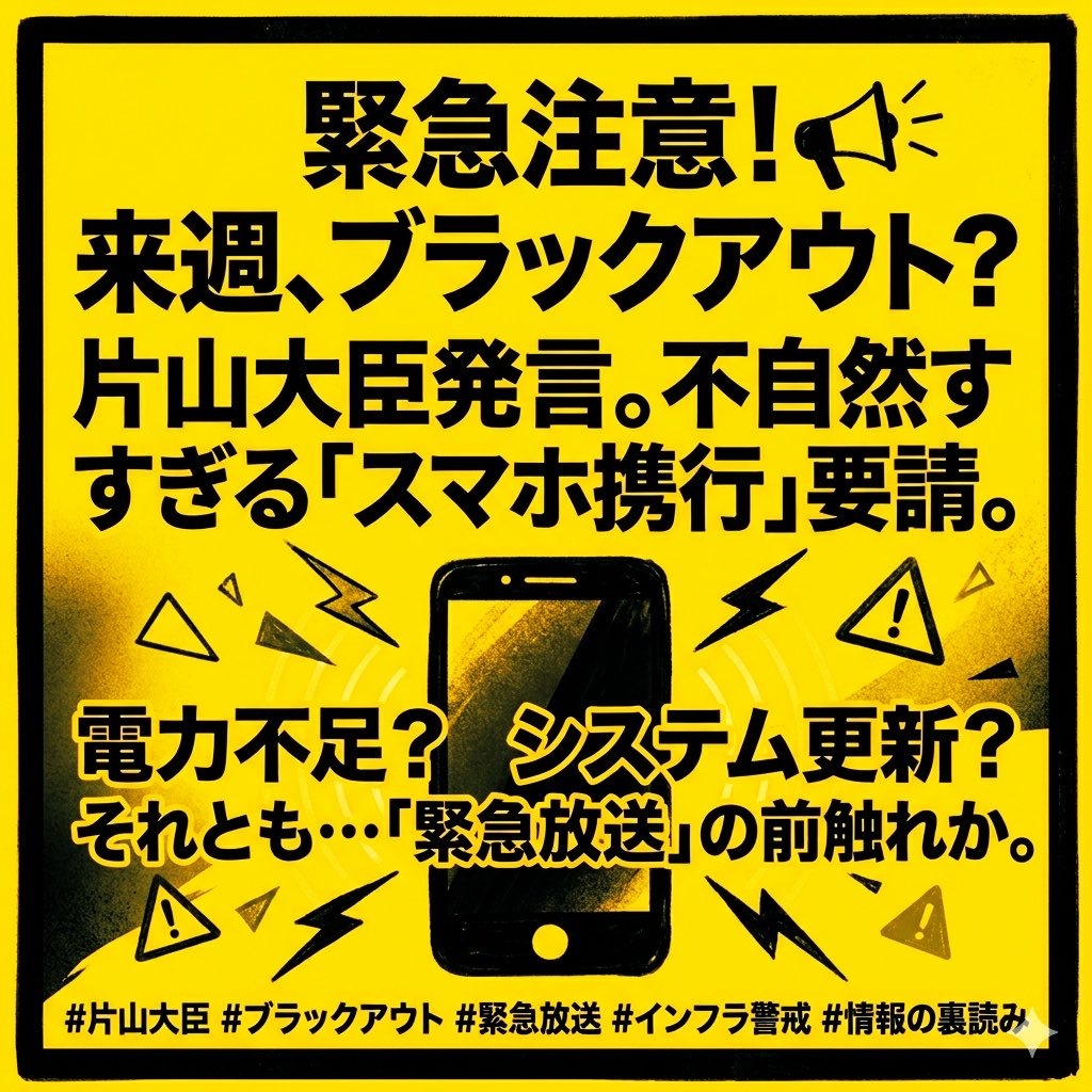 hide2951889's tweet photo. 🚨🚨片山大臣の「発言に関する考察」‼️‼️

会見における「✅来週はブラックアウト（停電）に備え、✅スマホを必ず携行してほしい」という趣旨の発言は⁉️⁉️

文脈によっては確かに不自然、あるいは何らかの予兆を感じさせる響きがあります。

この発言の背後にある可能性を深掘りすると、以下の3つの側面が考えられます。

1.🚨電力需給の極端な逼迫への警告: 表向きは、気象条件や発電設備の不具合予測に基づき、広域停電のリスクを強調することで国民に具体的な準備（通信手段の確保）を促した。

2.🚨サイバー攻撃やシステムメンテナンスの示唆: 物理的な停電だけでなく、通信網や重要インフラに対する大規模な負荷、あるいは国主導のシステム更新に伴う一時的な遮断を想定している。

3.「🚨緊急放送」や有事への布石: 指摘にある通り、単なる停電対策にしては「スマホの携行」を念押しする点が、Jアラートや緊急避難放送など、政府からの直接的な情報伝達を想定しているようにも読み取れます。

📢 片山大臣の「発言」⁉️

単なる節電要請にしては「スマホ携行」の強調が不自然すぎる。

これは電力不足の警告か、それとも大規模なシステム更新か、はたまた🚨緊急放送🚨の前触れか。

言葉の裏にある「真の意図」を⁉️⁉️

注視する必要がありそうです。皆さんはどの様な感想を抱きましたか⁉️⁉️

#片山大臣 #ブラックアウト #緊急放送
