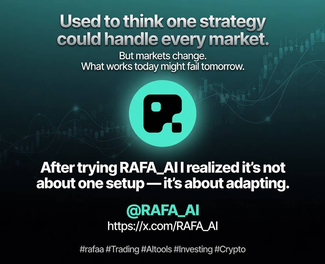 Sumairamal1375's tweet photo. Used to think one strategy could handle every market.
But markets change.
What works today might fail tomorrow.
After trying @RAFA_AI I realized it’s not about one setup
it’s about adapting.
https://t.co/AzvAbAnWJI
#rafaa #Trading #AItools #Investing #Crypto https://t.co/EzeQLjcfGp