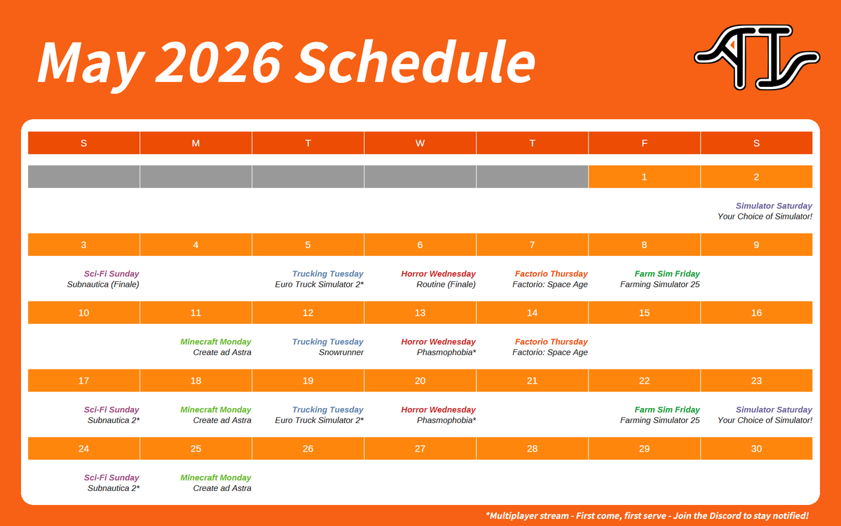 ashindac's tweet photo. My May stream schedule is here! It's another packed line-up this month, with Minecraft, Euro Truck, Farming Sim, Snowrunner, Factorio, Subnautica, Phasmophobia and more...

#streamer #gaming #trans #lgbt https://t.co/zknSB7h2Rg