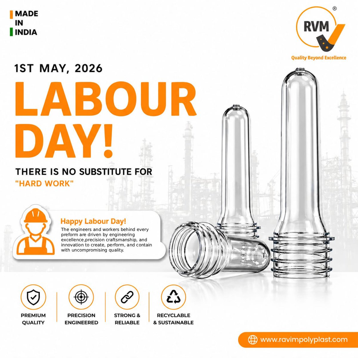 rvm_preforms's tweet photo. 👷‍♂️ Happy Labour Day! 👷‍♀️
📅 1st May 2026
There is no substitute for hard work — and today, we celebrate the hands that build, create, and innovate every single day.

At Ravim Polyplast India Pvt. Ltd., every preform is a result of dedication, precision engineering. https://t.co/nKTdKw8ba6