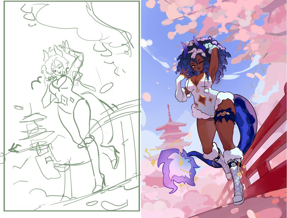 elf_exar's tweet photo. The idea → colored sketch → line art → rendering → done https://t.co/0ap2R4Dr24