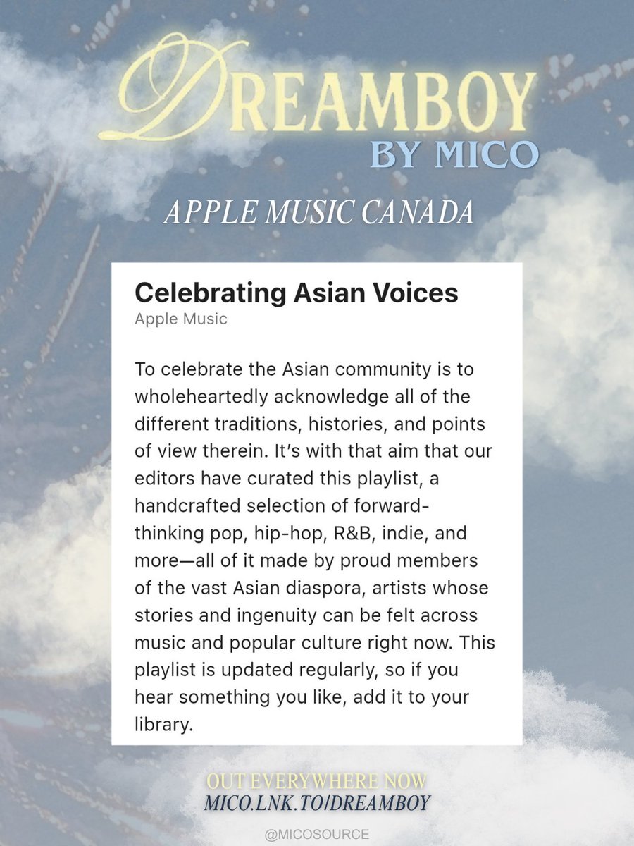 micosource's tweet photo. 🎇 'DREAMBOY' by #MICO has been added to @AppleMusic's 'Celebrating Asian Voices' playlist in Canada at #.3.

To coincide for the start of AAPI (= Asian American Pacific Islander) heritage month, the playlist spotlights Asian 'artists whose stories and ingenuity can be felt + https://t.co/2EzMW1FGVO