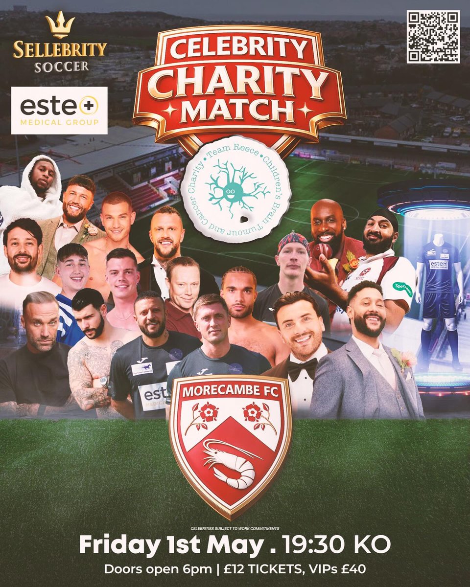 MorecambeFC's tweet image. Today is the day ⭐️

We’re bringing the stars to the Mazuma for a special Charity Match, all for a great cause in Team Reece 🙌

There's still time to get your tickets ➡️ tinyurl.com/5n8jt8h8

#UTS 🦐 | @Sellebrity_UK