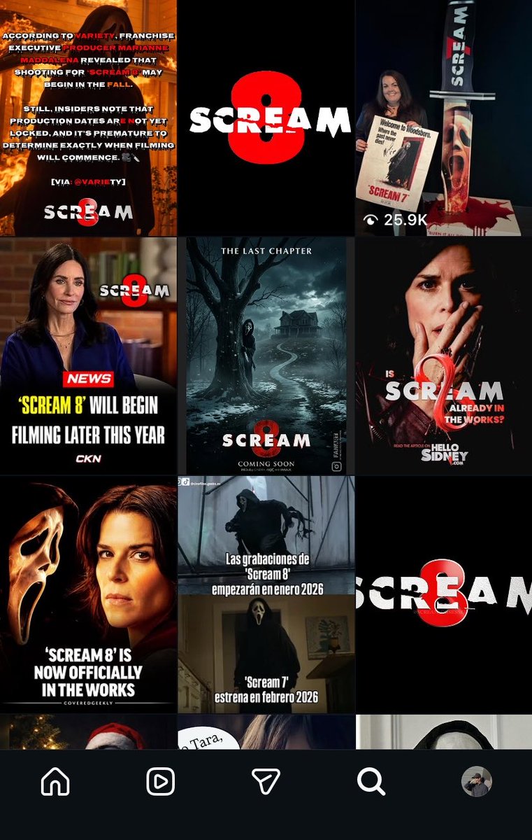 repeatrs's tweet image. Proof that I’m officially obsessed with #Scream 8 news. (on my !G feed) 😂