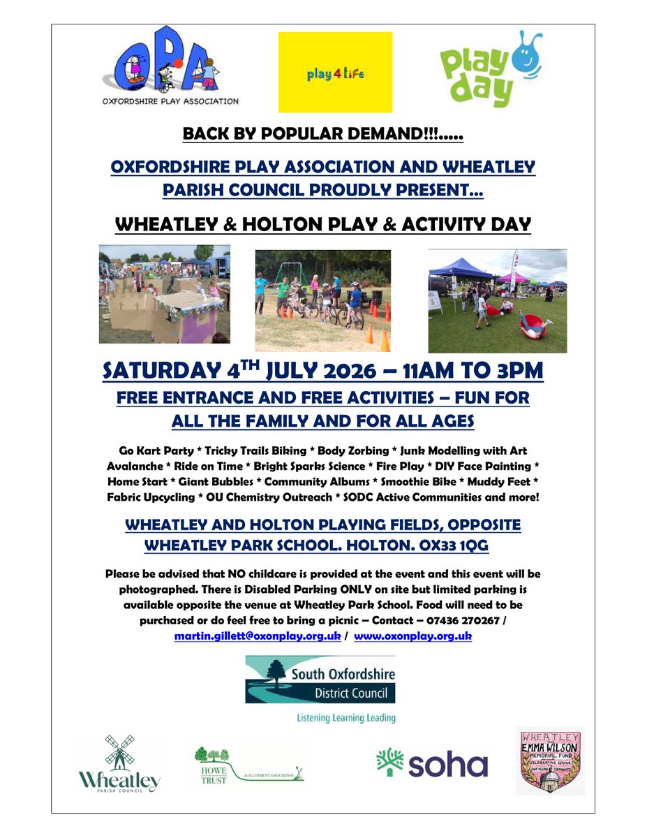 OxonPlay's tweet photo. We are excited to be returning to Wheatly &amp; Holton in 2026 for our bi-annual Playday 👊

We look forward to seeing you on Saturday 4th July 👍

FREE Entrance &amp; FREE Activities to ensure an Inclusion for ALL! 🫶 @SohaHousing https://t.co/ZFCDWYiDmQ