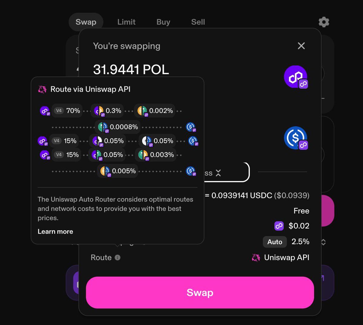 samsgels's tweet photo. This is really insane, why polygon uniswap give me this swap path??? only $3 swap, split into so many pools???
@Uniswap https://t.co/xmsMXniKGT