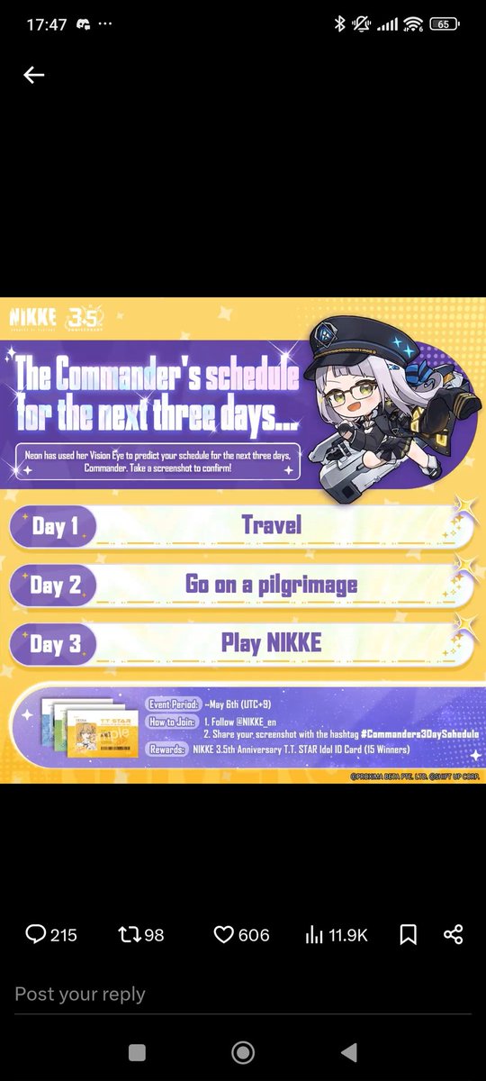 RandomNYA's tweet photo. @NIKKE_en #Commander3DaySchedule https://t.co/q2zFfSn6X9