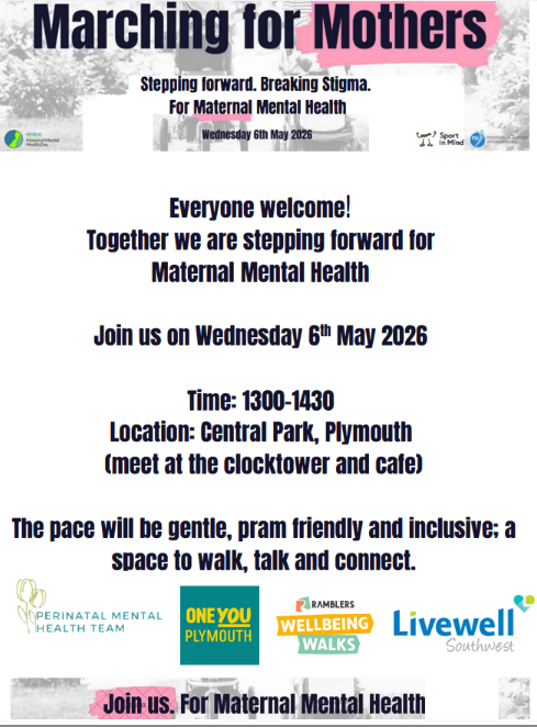 oneyouplymouth's tweet photo. Next week is World #MaternalMentalHealthDay and we're celebrating by Marching for Mothers on 6th May in collaboration with the Perinatal Mental Health Team

Join us in stepping forward and breaking the stigma.

See image for more details. 

#Plymouthuk @livewellsw @PHPlymouth https://t.co/okI7IvH2r3