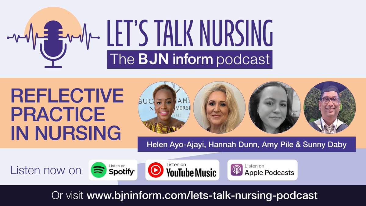 BJNinform's tweet photo. Helen Ayo-Ajayi, Hannah Dunn, Amy Pile, and Sunny Daby join Let's Talk Nursing to discuss reflective practice in nursing.

Listen now on BJN inform, link. 👇

#BJNinform #LetsTalkNursing #ReflectivePractice #NursingCPD #NMCRevalidation #ProfessionalDevelopment https://t.co/Grcdfr4UJQ