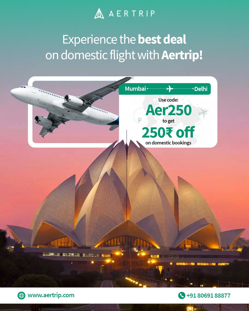 aertrip's tweet photo. Planning your next getaway from Mumbai to Delhi? Experience the best deals on domestic flights and save on your travel! 🇮🇳✨
🎟️ Use code: Aer250 to get ₹250 off on all domestic bookings.
📱 Book Your Flight Today:
Website: https://t.co/qSIsRSQfGg Phone: +91 80691 88877
#Aertrip https://t.co/XG3XFS1wjB