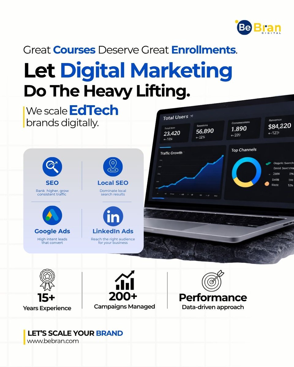 BeBranOfficial's tweet image. Great courses deserve great enrollments.
BeBran Digital helps EdTech brands scale with SEO, Local SEO, Google Ads &amp;amp; LinkedIn Ads to attract quality students, boost enrollments &amp;amp; drive long-term growth.
#EdTechMarketing #DigitalMarketing #GoogleAds #LinkedInAds #BeBranDigital