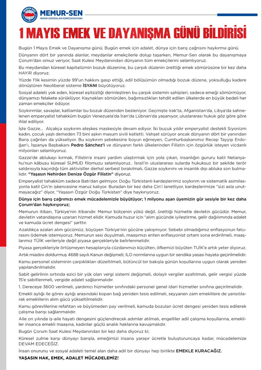 1 Mayıs Emek ve Dayanışma Günü Bildirisi

#1MayıstaÇorumdayız
#PaylaşımdaAdaletDünyadaBarış