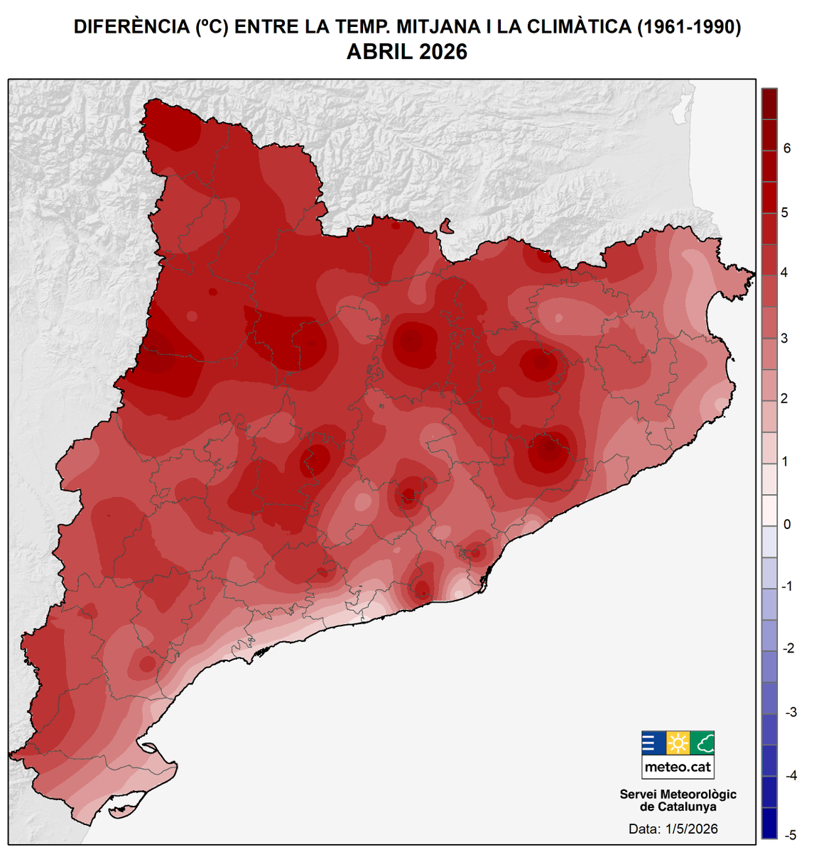 🔴 Les dades confirmen que aquest abril ha estat el més càlid des que es tenen registres a gran part de #Catalunya 🌡️ A continuació, podeu observar el mapa de temperatura mitjana (esquerra) i el mapa que mostra com d'anòmala és la situació per l'època (dreta).