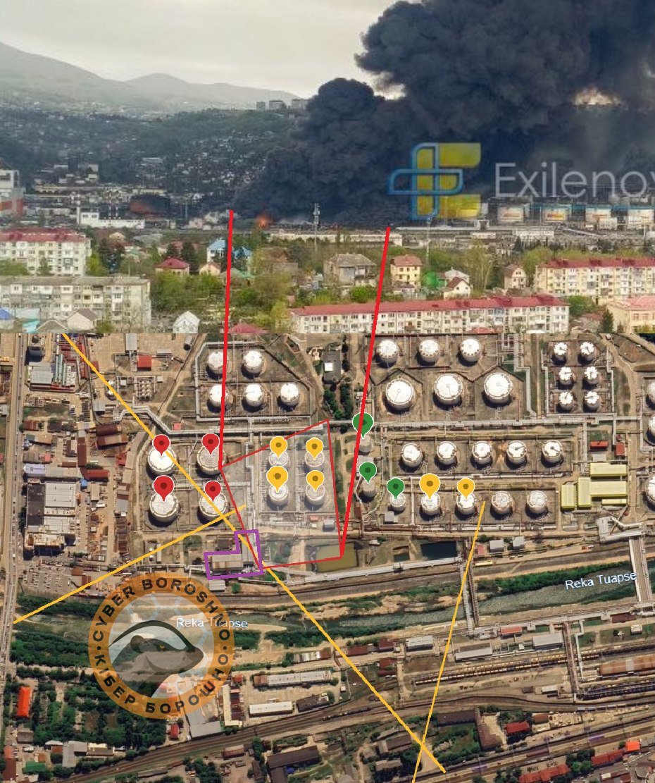 NOELreports's tweet image. CyberBoroshno analysis: The new fire in Tuapse is centered on a section with four 10,000 cubic meter oil tanks, with at least two burning. A pump station was likely destroyed, and the fire zone may now cover up to 40,000 cubic meters of storage, with more tanks at risk. #Russia
