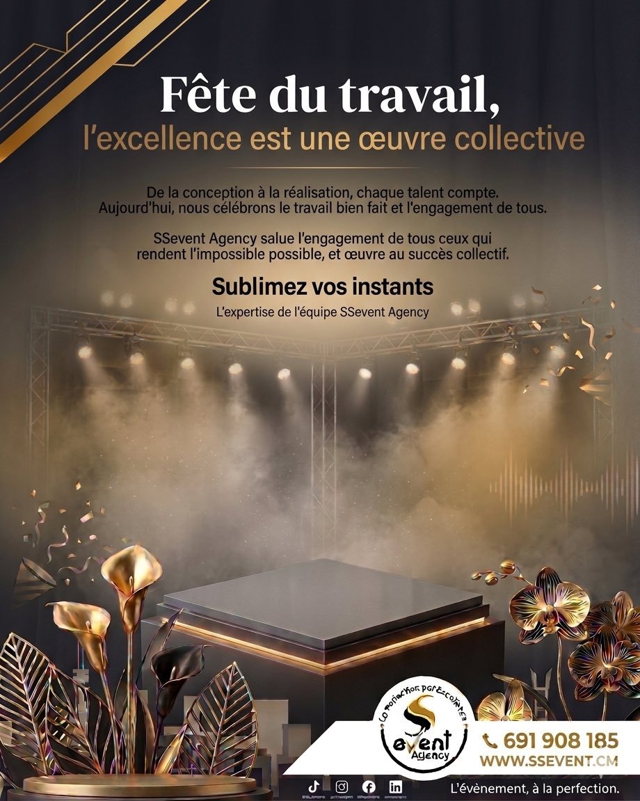 SieyonjiS51105's tweet image. Joyeuse Fête du Travail !🛠️
Chez SSevent Agency, l’excellence est une œuvre collective. Nous célébrons aujourd'hui l'engagement, la passion et le dévouement de tous les travailleurs. C'est en équipe que nous rendons l'impossible possible.
#FêteDuTravail #Excellence #event