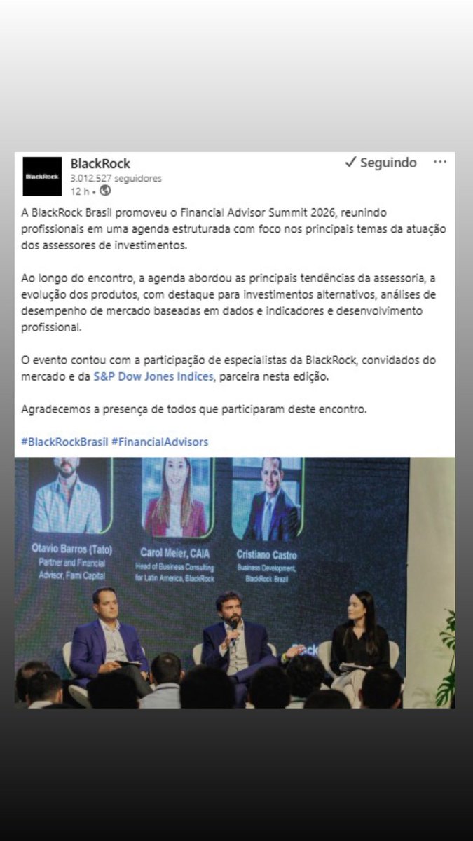 Tatobarros's tweet photo. A BlackRock, maior gestora de ativos do mundo, com mais de 13 trilhões de dólares sob gestão, promoveu o Financial Advisor Summit 2026, reunindo profissionais para discutir os principais temas da atuação dos assessores de investimentos.

Tive a honra de ser convidado para participar de um dos painéis do evento, um momento relevante de troca com grandes nomes do mercado.

A indústria de investimentos está mudando.
E, no fim, a mensagem é simples, mas poderosa:

O jogo hoje é construção de um portfólio eficiente com foco no longo prazo, visão global e alinhamento real com o cliente.

A indústria está mudando.

E quem não mudar junto, fica para trás.