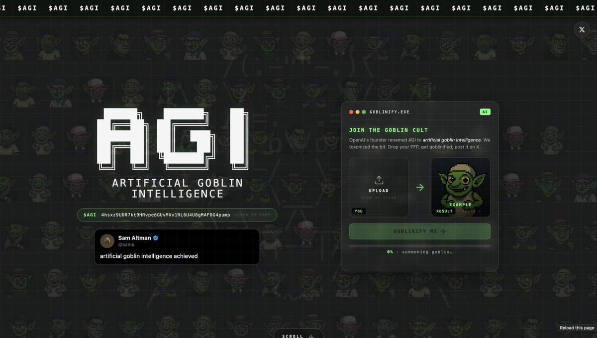 The custom domain agicult.xyz is live!
On the website you can find the lore of AGI as well as generate your own Goblin PFP.