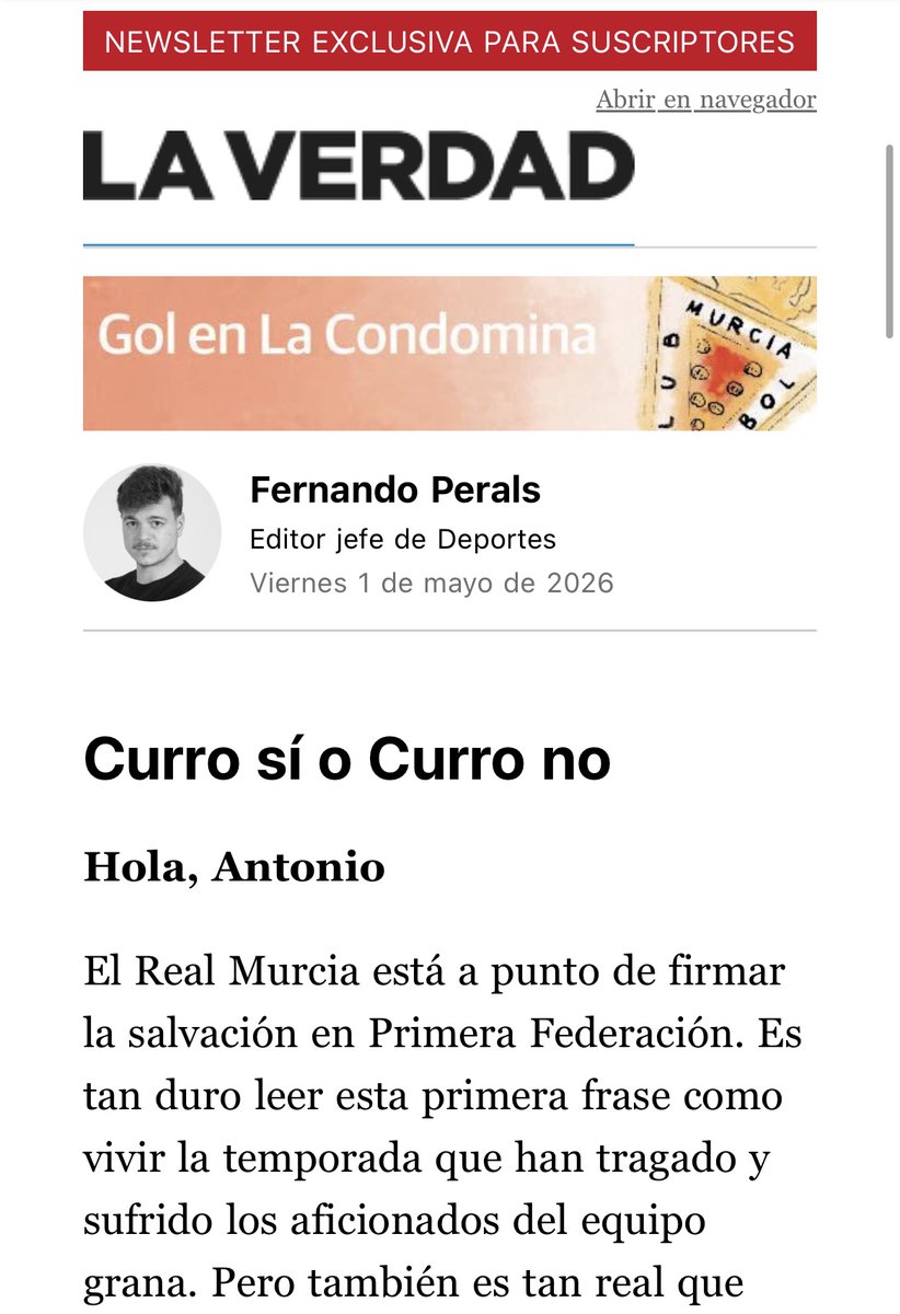 laverdad_es's tweet photo. ⚽️ El puente empieza cuando llegan las newsletters sobre el Real Murcia y el FC Cartagena

🔴⚪️ 'Curro sí o Curro no', por @Feernandisko 
⚪️⚫️ 'La piel del oso', por @fjmoya 

📩 Apúntate para recibirlas en tu correo: https://t.co/5y4IHIjUMN https://t.co/SoFhS93lkN