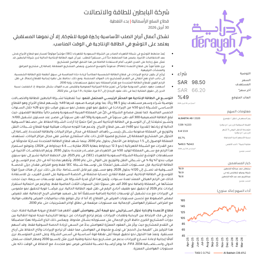 AlsagriCapital's tweet photo. تقرير دراية المالية عن شركة البابطين للطاقة والاتصالات

السعر المستهدف: 98.5 ريال (السعر وقت التقرير: 66.20 ريال)
التوصية: شراء

التقرير طويل واذا تبي المهم فقط اقرأ الملخص واذا مهتم بمعلومات أكثر كمل قراءه التغريدة كاملة (التقرير جميل من دراية ومتكون من 16 صفحة)

🅾️ ملخص التوصية والنظرة الاستثمارية
▪️دراية المالية بدأت تغطية شركة البابطين بتوصية شراء وسعر مستهدف 98.5 ريال، بما يعكس عائداً متوقعاً يقارب 49% مقارنة بسعر 66.20 ريال وقت التقرير.
▪️الفكرة الاستثمارية الأساسية مبنية على أن قطاع الأبراج والهياكل المعدنية يمثل الركيزة الأهم للشركة، ويشكل تقريباً نصف الإيرادات، لكن استمرار النمو يعتمد بشكل كبير على التوسع في الطاقة الإنتاجية.
▪️مصانع الأبراج تعمل حالياً بطاقتها القصوى تقريباً، بطاقة تصميمية تبلغ 300 ألف طن سنوياً في السعودية و50 ألف طن سنوياً في مصر، والتقرير يرى أن التوسع أصبح ضرورياً للمحافظة على الحصة السوقية أو زيادتها.
▪️التقرير يقدر حصة البابطين في قطاع الأبراج بنحو 60%، ويرى أن عدم التوسع قد يؤدي إلى وصول التشغيل إلى مستويات غير مستدامة قد تبلغ 120% بحلول 2028 حسب نموذج دراية.
▪️رغم أن إيرادات 2026 قد تكون مستقرة أو تحقق نمواً طفيفاً بسبب قيود الطاقة الحالية، إلا أن التقرير يتوقع فرص نمو أوضح من 2027 مع دخول أي توسعات إنتاجية جديدة.
▪️التوقعات المالية تشير إلى نمو الإيرادات من 2.94 مليار ريال في 2026 إلى 3.25 مليار ريال في 2027 ثم 3.54 مليار ريال في 2028، مع ارتفاع صافي الربح من 451 مليون ريال في 2026 إلى 541 مليون ريال في 2027 و632 مليون ريال في 2028.
▪️يتوقع التقرير تحسن هامش الربح التشغيلي من 19.7% في 2026 إلى 21.0% في 2027 و22.1% في 2028، مع بقاء هوامش الأبراج قوية في نطاق أواخر العشرينيات حتى 2030.
▪️خفض المديونية يعتبر نقطة قوة مهمة؛ إذ تراجعت نسبة الدين إلى حقوق الملكية بما في ذلك عقود الإيجار من 1.9 مرة في 2022 إلى 0.7 مرة حالياً، وارتفعت تغطية الفوائد إلى 7.5 مرات مقارنة بـ2.6 مرة في 2022.
▪️التقرير يرى أن الميزانية العمومية أصبحت أكثر متانة، وأن التوسعات المتوقعة يمكن تمويلها غالباً من التدفقات النقدية الداخلية، مع وجود مرونة لاستخدام الدين عند الحاجة.
▪️رغم النظرة الإيجابية، أبرز المخاطر تتمثل في تأخر التوسع الإنتاجي، أو خفض إضافي في خطط الشركة السعودية للكهرباء، أو استمرار ضغط هوامش الطاقة الشمسية، أو تقلب أسعار الصرف في مصر.

🅾️ قطاع الأبراج والهياكل المعدنية
▪️قطاع الأبراج والهياكل المعدنية هو المحرك الرئيسي للاستثمار بالشركة، حيث يخدم توسعات البنية التحتية للطاقة والاتصالات، ويشمل تصنيع أبراج خطوط نقل الكهرباء عالية الجهد حتى 750 كيلوفولت، وأبراج الاتصالات، والهياكل المتخصصة لمحطات التحويل.
▪️الطاقة الإنتاجية المجمعة للقطاع تبلغ نحو 350 ألف طن سنوياً، منها 300 ألف طن في الرياض و50 ألف طن في مصر.
▪️الطاقة السنوية الحالية لأعمال الجلفنة ضمن قطاع الأبراج تبلغ نحو 200 ألف طن في السعودية و50 ألف طن في مصر.
▪️تمتلك الشركة رصيد طلبات معلن بقيمة 1.8 مليار ريال في قطاع الأبراج، من المتوقع تنفيذه خلال 12 إلى 24 شهراً، وهو ما يعادل نحو 70% من إيرادات آخر 12 شهراً.
▪️من أبرز العقود المعلنة: عقد مع هيونداي للهندسة والإنشاء بقيمة 777 مليون ريال لتوريد أبراج صلب لخطوط نقل 500 كيلوفولت، وعقد مع لارسن آند توبرو السعودية بقيمة 390 مليون ريال، وعقد مع الخدمات السعودية للأعمال الكهروميكانيكية بقيمة 622 مليون ريال.
▪️يرى التقرير أن توسعات الشركة السعودية للكهرباء تمثل مؤشراً موثوقاً للطلب على الأبراج والهياكل المعدنية، خصوصاً مع خطط رفع شبكة النقل من 105 ألف كم دائري إلى 146 ألف كم دائري بحلول 2030.
▪️تستهدف الشركة السعودية للكهرباء أيضاً توسعة شبكة التوزيع من 0.86 مليون كم دائري إلى 1.1 مليون كم دائري، ما يوفر طلباً هيكلياً طويل الأجل.
▪️الطلب مدفوع بعدة محركات، أهمها توسع مراكز البيانات، ومشاريع الطاقة المتجددة، ونمو الطلب على الكهرباء، ومشاريع الربط، والمشاريع الصناعية والاقتصادية الكبرى.
▪️المملكة تستهدف الوصول إلى 1.5 جيجاواط من أحمال مراكز البيانات بحلول 2030، وهذا يدعم الطلب على توسعات الشبكة الكهربائية.
▪️قطاع الطاقة المتجددة شهد تسارعاً في دمج القدرات مع الشبكة، من 6.6 جيجاواط في 2024 إلى نحو 12.3 جيجاواط بنهاية 2025، مع استمرار مستهدف توليد 50% من الكهرباء من مصادر متجددة بحلول 2030.
▪️رغم خفض مستهدفات توسع شبكة الشركة السعودية للكهرباء في 2025، إلا أن الخطط الحالية لا تزال تشير إلى نمو سنوي مركب يقارب 7% في النقل و6% في التوزيع حتى 2030.
▪️التقرير يرى أن عدم التوسع في الطاقة الإنتاجية قد يضع الشركة أمام خطر خسارة حصة سوقية في مشاريع SEC، خصوصاً أن الطاقة الحالية تبدو مستغلة بدرجة عالية.
▪️التقرير يشير إلى أن الطلب من أبراج الاتصالات والهياكل المعدنية خارج مشاريع SEC غير مدرج بالكامل في النموذج، ما يمثل عامل صعود إضافي محتمل.
▪️من أمثلة الطلب الإضافي المحتمل: المناطق الصناعية والاقتصادية الكبرى، المشاريع العمالقة، مشاريع الربط الكهربائي الخليجي، ومشاريع منتجي الطاقة المستقلين.
▪️تتوقع دراية استقرار إيرادات قطاع الأبراج في 2026 تقريباً، ثم بدء التدرج في إضافة طاقات إنتاجية جديدة من 2027.
▪️يتوقع التقرير تحقيق معدل نمو سنوي مركب يقارب 11% في إيرادات قطاع الأبراج خلال الفترة 2027-2030.

🅾️ عمليات مصر في قطاع الأبراج
▪️رغم أن السعودية هي المحرك الرئيسي لنمو قطاع الأبراج، إلا أن عمليات مصر لديها أيضاً محركات نمو هيكلية مهمة.
▪️من أبرز محركات النمو في مصر دمج الطاقة المتجددة مع الشبكة، حيث تستهدف مصر رفع حصة الطاقة المتجددة إلى 42% بحلول 2030 و60% بحلول 2040.
▪️يوجد برنامج استثماري بقيمة 2 مليار دولار لتفريغ ونقل ما يصل إلى 2.1 جيجاواط من الطاقة المتجددة من خليج السويس والبحر الأحمر.
▪️موقع مصر الجغرافي يدعم فرص الربط الكهربائي بين ثلاث قارات.
▪️تفضيل التصنيع المحلي في مصر، بسبب ضغوط العملة وارتفاع تكلفة الواردات، يعزز تنافسية الإنتاج المحلي.
▪️تمثل مصر نحو 8% من إجمالي إيرادات الشركة، ويعمل المصنع المصري حالياً عند تشغيل كامل للطاقة المتاحة.
▪️التقرير يرى أن الطلب في مصر قوي، لكن الطاقة الإنتاجية أصبحت قيداً رئيسياً كما هو الحال في السعودية.

🅾️ قطاع الأعمدة والإنارة
▪️قطاع الأعمدة والإنارة يصنع الأعمدة والسواري ووحدات الإضاءة المستخدمة في الطرق، الملاعب، الساحات العامة، الأعمدة المزخرفة، وحلول LED.
▪️الطاقة الإنتاجية في السعودية تبلغ نحو 100 ألف طن سنوياً للأعمدة والأبراج العالية، مع طاقة جلفنة مستقلة تبلغ 80 ألف طن.
▪️المصنع المصري ينتج نحو 20 ألف عمود سنوياً، ويشترك في طاقة الجلفنة البالغة 50 ألف طن مع قطاع الأبراج في مصر.
▪️الشركة لديها في السعودية طاقة متخصصة لإنتاج مليون وحدة إضاءة LED و150 ألف وحدة إنارة.
▪️إيرادات القطاع تراجعت من ذروة 896 مليون ريال في 2022 إلى 555 مليون ريال في 2025.
▪️رغم تراجع الإيرادات، ارتفعت الهوامش الإجمالية من 15.3% إلى 25.6% خلال الفترة نفسها.
▪️التقرير يربط انخفاض الإيرادات بفجوة انتقالية بين دورات المشاريع الكبرى، إضافة إلى نهج الشركة الانتقائي في العطاءات.
▪️البابطين تركز في هذا القطاع على “القيمة مقابل الحجم”، بمعنى اختيار العقود الأعلى هامشاً بدلاً من ملاحقة النمو الكمي فقط.
▪️التقرير يرى أن هذا الانضباط في اختيار المشاريع يمثل نقطة قوة هيكلية للقطاع.
▪️مشاريع البنية التحتية الكبرى توفر فرصة لإعادة تسريع نمو القطاع، ومن أبرزها إكسبو 2030، مطار الملك سلمان الدولي، وكأس العالم 2034.
▪️التقرير يتوقع أن تستفيد أعمال الإنارة من المرحلة اللاحقة لمشاريع البنية التحتية، حيث عادة تأتي أعمال الإنارة بعد توسعات الكهرباء الأساسية.
▪️متطلبات المحتوى المحلي في المملكة تمثل محفزاً إضافياً، لأن القاعدة التصنيعية المحلية للبابطين تساعدها على اقتناص حصة أعلى في مرحلة التشطيبات.
▪️يتوقع التقرير معدل نمو سنوي مركب لإيرادات قطاع الأعمدة والإنارة بنحو 11% حتى 2030.
▪️يتوقع التقرير بقاء الهوامش الإجمالية مرتفعة في 2026 و2027، ثم توسعاً تدريجياً إضافياً حتى 2030 مع دخول المشاريع الكبرى مراحل الإنجاز النهائية.

🅾️ أبرز مشاريع ومحفزات قطاع الأعمدة والإنارة
▪️إكسبو الرياض 2030: يشمل فرص إنارة الطرق والممرات والأحياء وأعمدة الأجنحة، مع ذروة مشتريات متوقعة بين 2027 و2029.
▪️مطار الملك سلمان الدولي: يشمل الأعمدة العالية للمدارج والمواقف الجوية، إنارة الطرق، وأعمدة مباني الركاب، مع بدء الإنشاء في سبتمبر 2025.
▪️كأس العالم 2034: يشمل محيط الملاعب وطرق الوصول ومناطق المشجعين ومواقع التدريب، مع ذروة تنفيذ متوقعة بين 2028 و2032.
▪️المسار الرياضي في الرياض: يشمل أعمدة شوارع زخرفية وإنارة الممرات وأعمدة الملاعب، مع اكتمال 40% وبقاء 60% قيد التنفيذ.
▪️بوابة الدرعية: تشمل أعمدة الشوارع والبوليفاردات والأعمدة الزخرفية، والمرحلة الثانية قيد التنفيذ.
▪️القدية: تشمل أعمدة الملاعب وأعمدة الطرق، مع افتتاح منتزه سيكس فلاجز في ديسمبر 2025.
▪️توسعات شبكة الشركة السعودية للكهرباء: توفر طلباً أساسياً ومستمراً على أعمدة مرافق النقل والتوزيع.

🅾️ قطاع الطاقة الشمسية
▪️قطاع الطاقة الشمسية يركز على تصنيع مكونات معدنية لأنظمة التتبع الشمسي الكهروضوئي أحادية وثنائية المحور، إضافة إلى الهياكل الثابتة لمحطات الطاقة الشمسية.
▪️الطاقة الإنتاجية للقطاع تبلغ 3.5 جيجاواط لأنظمة التتبع الشمسي الكهروضوئي.
▪️تشمل أنشطة القطاع تصنيع الهياكل الفولاذية لمحطات الطاقة الشمسية المركزة CSP بطاقة إنتاجية تقارب 300 ميجاواط.
▪️حقق القطاع نمواً قوياً في الإيرادات منذ 2022، لكن الهوامش لم تواكب نمو الإيرادات.
▪️تحسن هامش الربح الإجمالي في النصف الأول من 2025 إلى 7.7%، لكنه لم يكن مستداماً بسبب اشتداد المنافسة في سوق أنظمة التتبع الشمسي.
▪️بلغ هامش الربح الإجمالي لكامل 2025 نحو 5.7%، متأثراً بتراجع الهوامش في النصف الثاني، حيث بلغت 2.9% في الربع الثالث و1.7% في الربع الرابع.
▪️التقرير يتوقع استمرار الضغط على إيرادات وربحية قطاع الطاقة الشمسية على المدى القريب بسبب المنافسة.
▪️رغم الضغوط القريبة، يرى التقرير أن المحركات الهيكلية للطاقة المتجددة في المملكة تدعم تحسن أداء القطاع مستقبلاً.
▪️تم طرح مشاريع طاقة متجددة بإجمالي يقارب 64 جيجاواط حتى 2025، وتم دمج نحو 12.3 جيجاواط مع الشبكة بنهاية 2025.
▪️تستهدف المملكة دمج 40 جيجاواط من الطاقة الشمسية الكهروضوئية مع الشبكة بحلول 2030، ما يدعم فرص التعافي على المدى المتوسط والطويل.
▪️وقعت البابطين اتفاقية للاستحواذ على الحصة المتبقية البالغة 40% في شركة البابطين ميتالوجالفا المحدودة، المتخصصة في هياكل الطاقة الشمسية.
▪️بعد الاستحواذ، تنتقل الشركة إلى ملكية كاملة بنسبة 100% لطاقة إنتاجية تبلغ 1.2 جيجاواط.
▪️الشركة التابعة سجلت صافي ربح قدره 15.7 مليون ريال في 2024 مقارنة بخسائر صافية في 2022.
▪️يتوقع التقرير نمو إيرادات قطاع الطاقة الشمسية في نطاق متوسط إلى مرتفع من خانة الآحاد، مع بقاء الهوامش متقلبة على المدى القريب.

🅾️ قطاع التصميم والتوريد والتركيب
▪️قطاع التصميم والتوريد والتركيب يقدم حلولاً متكاملة لقطاعات الطاقة والاتصالات، تشمل الهندسة، تصميم الهياكل، توريد المعدات، التركيب الميداني، التشغيل التجريبي، والصيانة.
▪️التقرير يربط نمو القطاع ببرامج البنية التحتية لشركات الاتصالات السعودية، خصوصاً الإنفاق الرأسمالي متعدد السنوات.
▪️من المحفزات المذكورة اتفاقية STC مع إريكسون لمدة خمس سنوات، والتي تركز على الخدمات المدارة المدعومة بالذكاء الاصطناعي، والحلول السحابية الأصلية، ونشر تقنيات Massive MIMO.
▪️خطة زين السعودية بقيمة 430 مليون دولار، والتي تستهدف أكثر من 7,000 موقع وتغطية كاملة لشبكات الجيل الخامس المستقلة في المدن الرئيسية، تمثل محفزاً إضافياً.
▪️التقرير يوضح أن العلاقة بين إنفاق شركات الاتصالات وإيرادات هذا القطاع قد لا تظهر مباشرة، لأن 80% إلى 90% من قيمة المشاريع تكون عادة في البرمجيات والمعدات المقدمة من موردين مثل إريكسون أو هواوي.
▪️مع ذلك، قطاع الأبراج يستفيد من البنية التحتية المادية، بينما يعمل قطاع التصميم والتوريد والتركيب كشريك متخصص في توريد وتركيب وصيانة أنظمة الاتصالات.
▪️الطلب على حلول Turnkey يزداد مع تعقيد تقنيات الجيل الخامس المتقدمة وMassive MIMO والمدن الذكية وشبكات الجيل الخامس المستقلة.
▪️التقرير يرى أن نشر الأعمدة الذكية وتقنيات الذكاء الاصطناعي والحلول السحابية الأصلية يعزز الحاجة إلى خدمات البابطين الفنية.
▪️يتوقع التقرير نمو إيرادات القطاع ضمن نطاق أحادي الرقم المتوسط حتى 2028.
▪️يتوقع التقرير بقاء الهوامش الإجمالية عند مستويات أواخر العشرينات.

🅾️ المقارنة مع اليمامة للحديد
▪️التقرير يعتبر اليمامة للحديد النظير المحلي المدرج الوحيد الأقرب للبابطين في تصنيع الهياكل الفولاذية.
▪️اليمامة تتداول عند علاوة تقييمية واضحة مقارنة بالبابطين، بنحو 15 مرة EV/EBITDA لآخر 12 شهراً مقابل نحو 8 مرات للبابطين.
▪️يرى التقرير أن هذه العلاوة غير مبررة بالكامل، لأن البابطين لديها تعرض أكبر لقطاعات الكهرباء والطاقة المتجددة.
▪️البابطين تحقق تقريباً ضعف إيرادات اليمامة من قطاعات الكهرباء والطاقة المتجددة/الشمسية.
▪️التقرير يذكر أن اليمامة تتمتع ببعض النقاط الإيجابية، مثل حصة 60% في سوق الطاقة المتجددة بالمملكة، وتحسن هوامش الطاقة المتجددة لديها، وميزانية أنظف من ناحية عدم وجود تعرض واضح لتقلب الجنيه المصري.
▪️رغم ذلك، يرى التقرير أن البابطين تستحق مضاعف تقييم أعلى بسبب مزيج إيرادات أفضل، وتغطية فوائد أعلى، وانخفاض حديث في المديونية، ووضع أفضل لرأس المال العامل، ومؤشرات عائد أعلى، ومكانة قيادية في قطاعاتها الرئيسية.
▪️التقرير يرى أن تعرض البابطين الأكبر لتوسع شبكة الكهرباء بقيادة SEC يوفر وضوحاً هيكلياً أكبر للإيرادات حتى 2030 مقارنة بتعرض اليمامة لقطاع الإنشاءات.

🅾️ الرافعة المالية والتوزيعات
▪️وصلت نسبة الرافعة المالية بما في ذلك عقود الإيجار إلى نحو 0.7 مرة، وهو ما يراه التقرير هيكلاً رأسمالياً متيناً ومحافظاً.
▪️بناءً على توقعات التدفقات النقدية الحرة، لا يتوقع التقرير حاجة الشركة إلى تمويل خارجي لدعم خطط التوسع.
▪️يتوقع التقرير استمرار انخفاض الرافعة المالية تدريجياً إذا لم تحدث زيادات جوهرية في الديون.
▪️التقرير يرى أن انخفاض المديونية يدعم تحسن نسب التغطية ويعزز جودة المؤشرات الائتمانية.
▪️رغم ارتفاع النفقات الرأسمالية المرتبطة بالتوسع، يتوقع التقرير قدرة الشركة على الحفاظ على نسبة توزيع أرباح لا تقل عن 40% حتى 2030.
▪️توقعات توزيعات السهم تبلغ 2.82 ريال في 2026، و3.38 ريال في 2027، و3.96 ريال في 2028.

🅾️ أبرز المخاطر
▪️تأخر التوسع في الطاقة الإنتاجية: أطروحة نمو قطاع الأبراج تعتمد على دخول طاقات جديدة حيز التشغيل، وأي تأخير قد يبقي الإيرادات مستقرة لفترة أطول ويزيد خطر خسارة الحصة السوقية.
▪️خفض إضافي في خطط SEC: الشركة السعودية للكهرباء خفضت مستهدفات التوسع في 2025، وأي مراجعة أخرى أو تباطؤ في التنفيذ سيضغط مباشرة على الطلب الأساسي لقطاع الأبراج.
▪️تقلب سعر الصرف في مصر: مصر تمثل نحو 8% من إيرادات الشركة، وأثر الجنيه المصري يظهر في الدخل الشامل الآخر، وقد يؤدي أي ضعف إضافي في العملة إلى ضغط على حقوق الملكية.
▪️ضغط هوامش الطاقة الشمسية: المنافسة في أنظمة التتبع الشمسي مرتفعة، وإذا لم تتعافَ الهوامش من مستويات النصف الثاني من 2025 فقد يتحول القطاع إلى عبء على ربحية المجموعة.
▪️تقلب أسعار الحديد والزنك: هذان المكونان يمثلان نحو 80% من تكلفة البضائع المباعة في قطاع الأبراج، وأي ارتفاع حاد مشابه لفترة 2021-2022 قد يضغط الهوامش قبل تمرير الزيادات للعملاء.
▪️تركز العملاء الرئيسيين: الشركة السعودية للكهرباء هي العميل المهيمن في قطاع الأبراج، وأي تغير في وتيرة المشتريات أو شروط الدفع أو سياسات تنويع الموردين قد يؤثر بشكل جوهري على أداء القطاع.