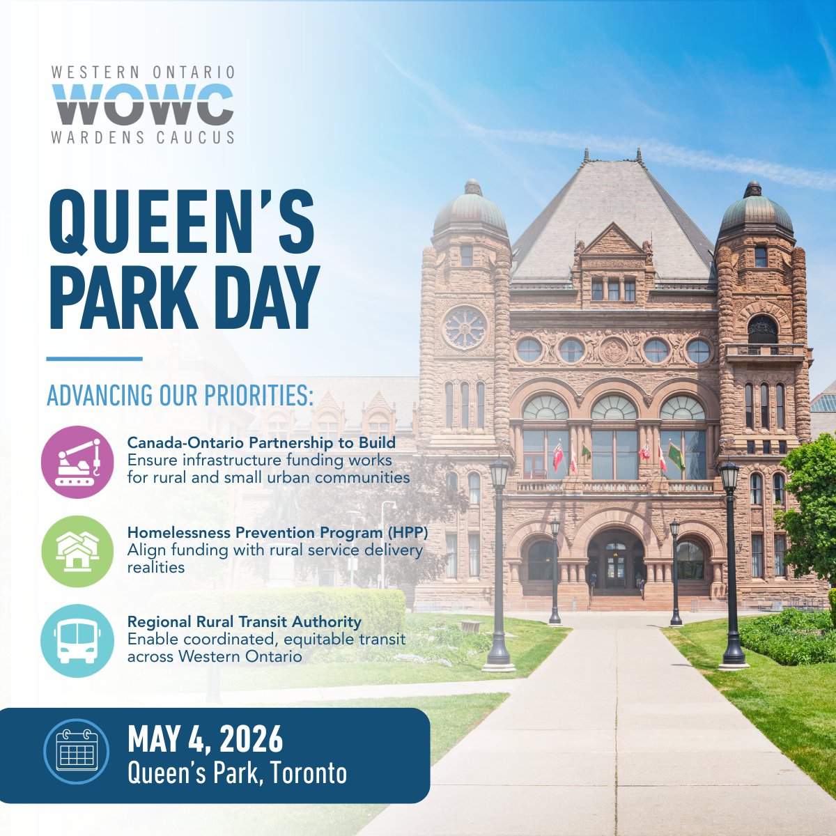 wowcinc's tweet photo. On May 4, WOWC will be at Queen’s Park engaging with provincial partners on key priorities: housing-enabling infrastructure, homelessness prevention supports, and regional transit.

Learn more: https://t.co/rRhldGFmE0

#ONMuni #ONPoli https://t.co/ykdiMjY2fg