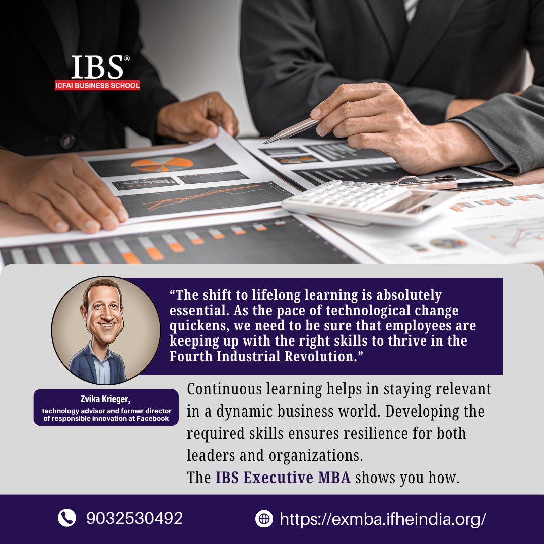 ICFAI_EMBA's tweet image. Continuous learning helps in staying relevant in a dynamic business world. Developing the required skills ensures resilience for both leaders and organizations.  The IBS Executive MBA shows you how.

Know more: exmba.ifheindia.org

#ExecutiveMBA #highereducation