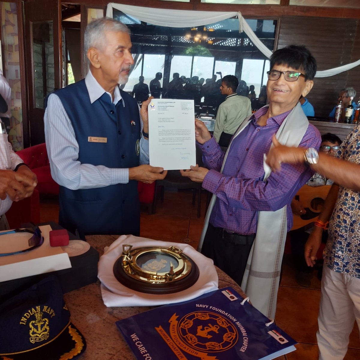 NavyVetsMumbai's tweet photo. CELEBRATING 80th MILESTONE 

Navy Foundation Mumbai Chapter, celebrated the 80th Milestone of Veteran LtCdr JR Sharma (89751-B), DoB  01 May 1946) in US Club. On behalf of NFMC , I presented the wonderful Octogenarian memento designed by DNV along with a Letter of Appreciation from DNV.  Here's wishing the dynamic Octogenarian many more delightful years on his way to a glorious century.