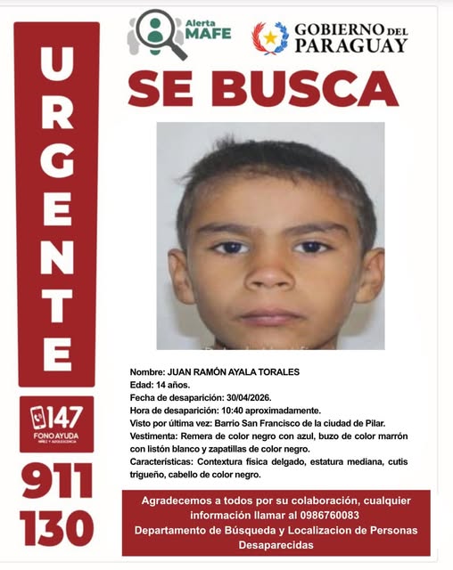 Ante cualquier información, contactar con el Departamento Especializado en Búsqueda y Localización de Personas Desaparecidas al 130 o al 911 de la Policía Nacional del Paraguay.

<a href="/MDI_Paraguay/">Ministerio del Interior - Paraguay</a> 
facebook.com/share/p/1B5NCD…