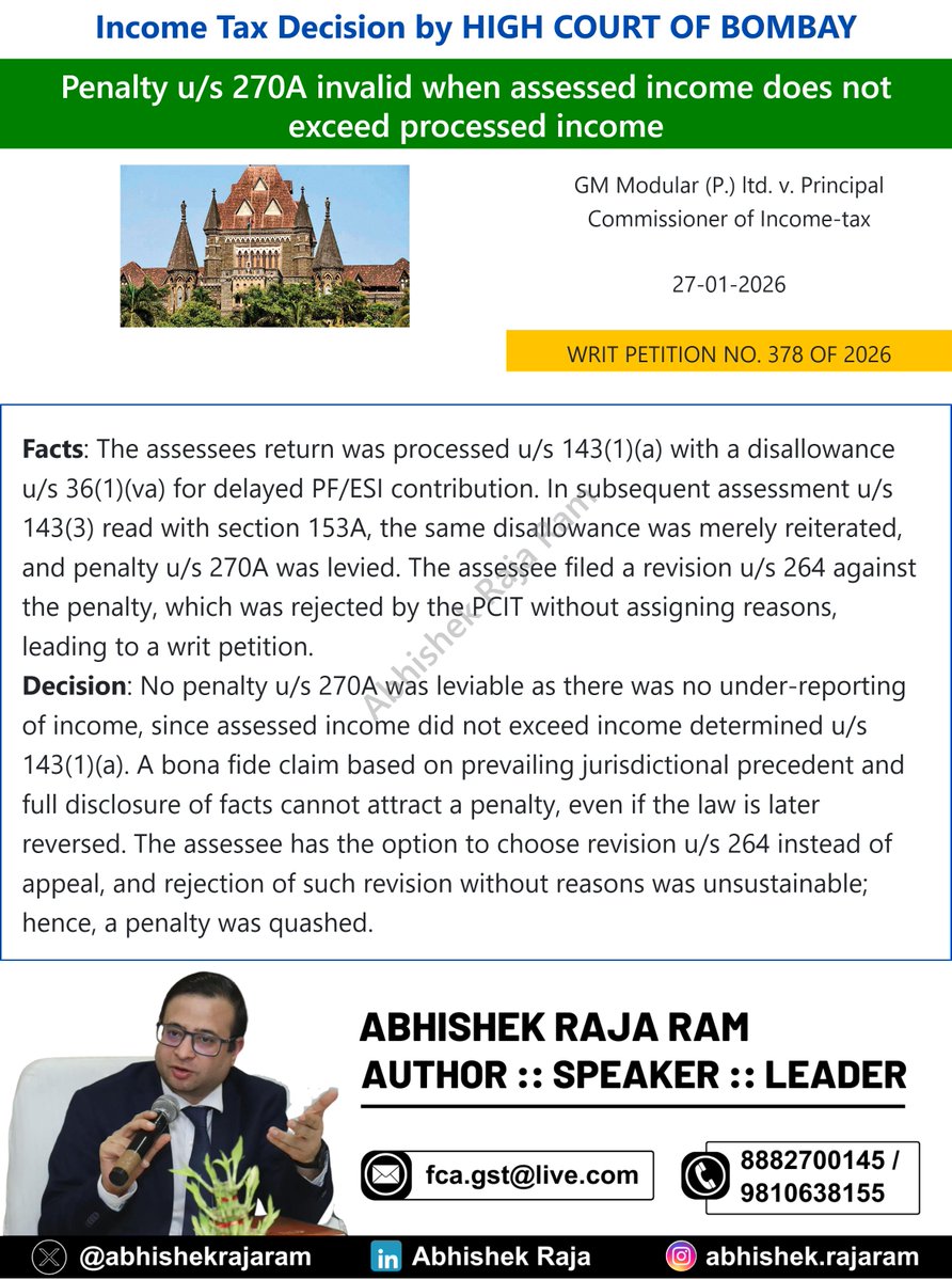abhishekrajaram's tweet image. Bombay HC : Penalty u/s 270A invalid when assessed income does not exceed processed income

#Caselaw #GST #Bombayhighcourt