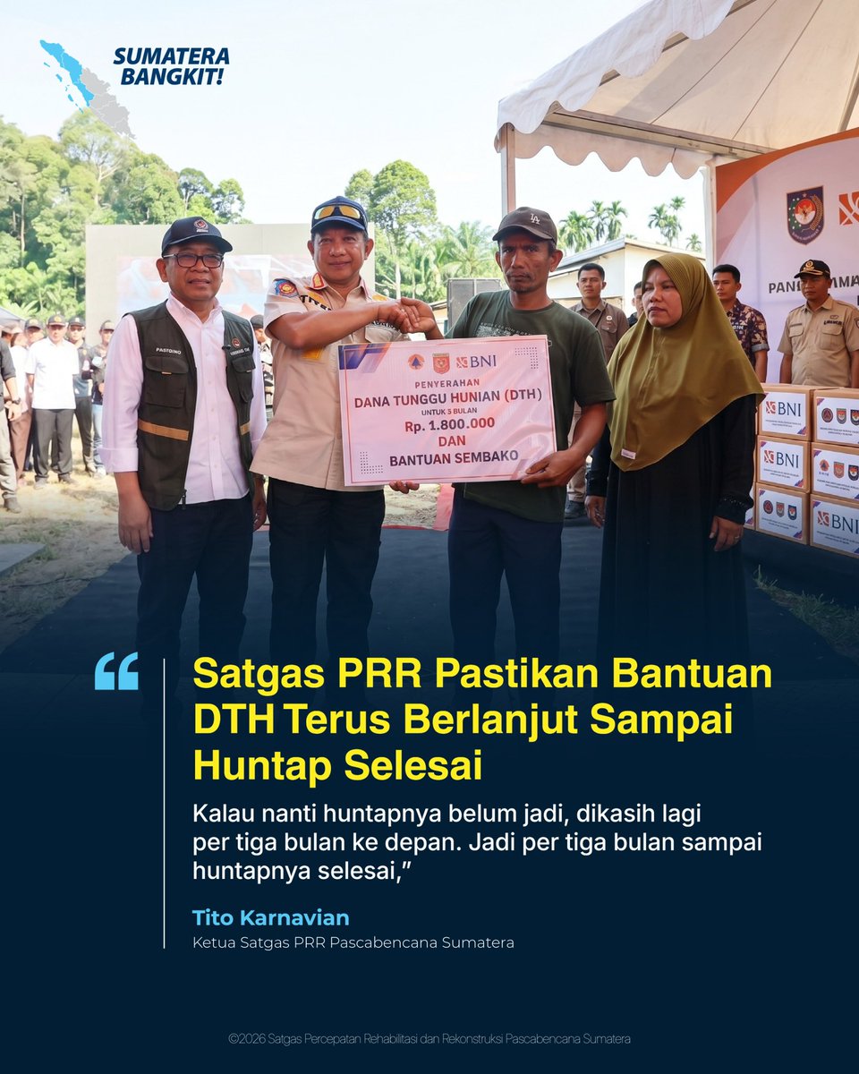 satgasprr's tweet image. Kasatgas PRR Tito Karnavian menegaskan bahwa bantuan akan diberikan secara berkala hingga huntap selesai dibangun, sehingga masyarakat tetap mendapatkan dukungan yang layak.

#satgasprr 
#sumaterabangkit 
#aceh