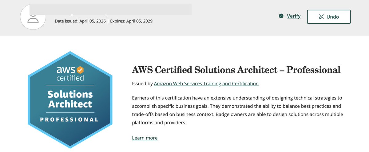 ZBtl5Z05qRPCVgq's tweet image. やったー！！🎉

AWS Certified Solutions Architect – Professional、合格しました！！

3ヶ月間、仕事しながらコツコツ勉強してきた甲斐がありました😭✨

AWSの資格の中でもかなり難しい部類なので、正直受かるか不安でしたが、無事取得できてめちゃくちゃ嬉しいです！

#AWS