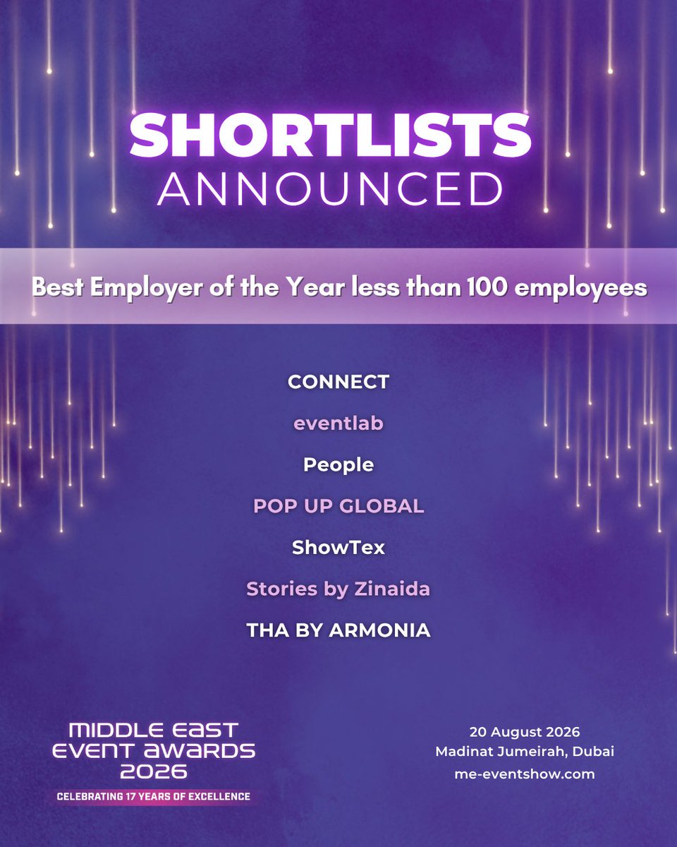 MEeventshow's tweet photo. We’re pleased to unveil the MEEA 2026 Shortlist.

2026 nominees from Best Employer of the Year <100 employees category represent a strong standard of creativity, impact and execution.

📅20 August 2026
📍Madinat Jumeirah, Dubai
🎟️Secure your table/seat: https://t.co/myNyDFT1EF https://t.co/6r6Pd2zZeP