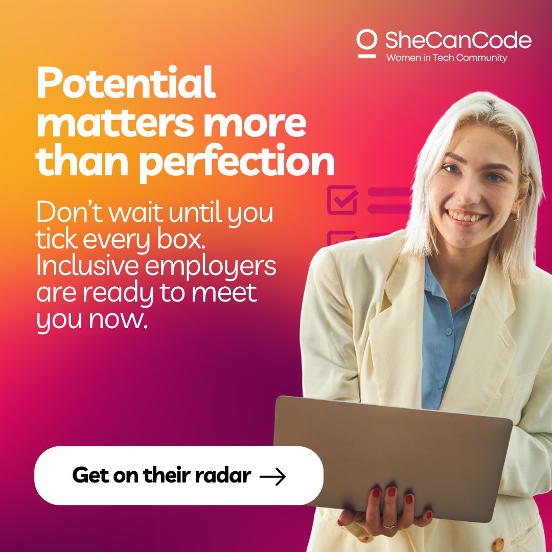 SheCanCodeHQ's tweet image. Don’t tick every box on a job ad? That’s okay!

At SheCanCode, we help you connect directly with inclusive employers...even if you’re still exploring your next step or changing direction.

Get on their radar 👉 bit.ly/47p4SaJ

#WomenInTech #CareerGrowth #InclusiveTech