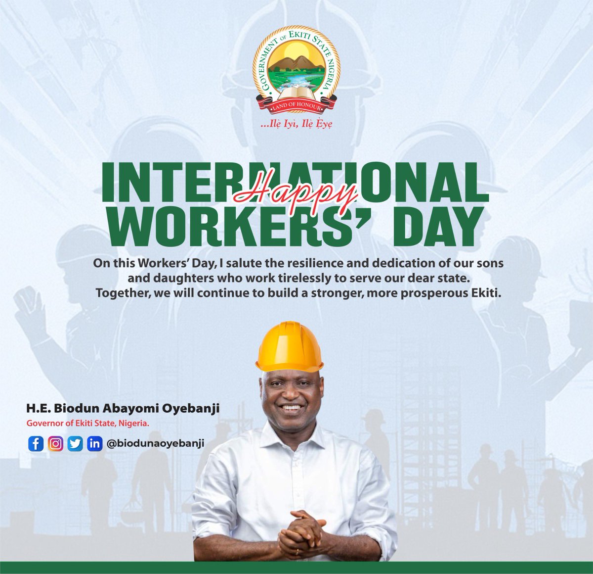 iMotivateAfrica's tweet photo. “On this Workers' Day, I salute the resilience and dedication of our sons and daughters who work tirelessly to serve our dear state. Together, we will continue to build a stronger, more prosperous Ekiti.” - H.E. Biodun Abayomi Oyebanji https://t.co/tgjUJ1e78D