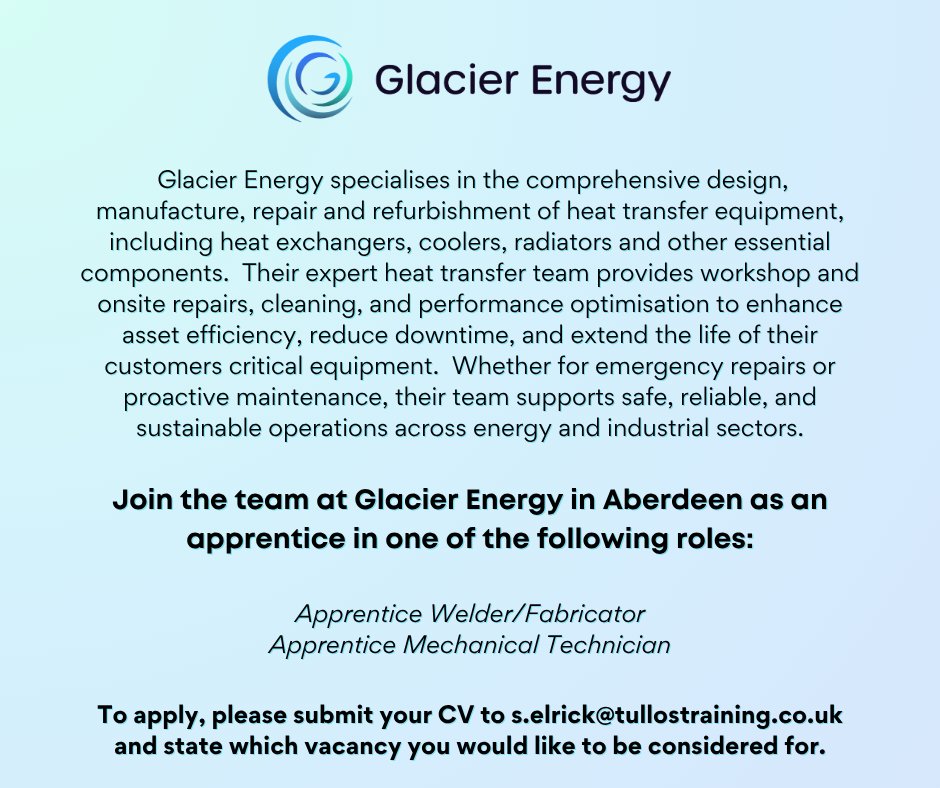 tullostraining's tweet photo. Our apprentice employer @Glacier_Energy is recruiting! 🚨

🔧 Apprentice Mechanical Technician
💥 Apprentice Fabricator/Welder

To apply, submit your CV to s.elrick@tullostraining.co.uk

🗓️Deadline: 21st May 2026

Don’t miss your chance to kickstart your career!

#Apprenticeships https://t.co/q0C7K0kTHj