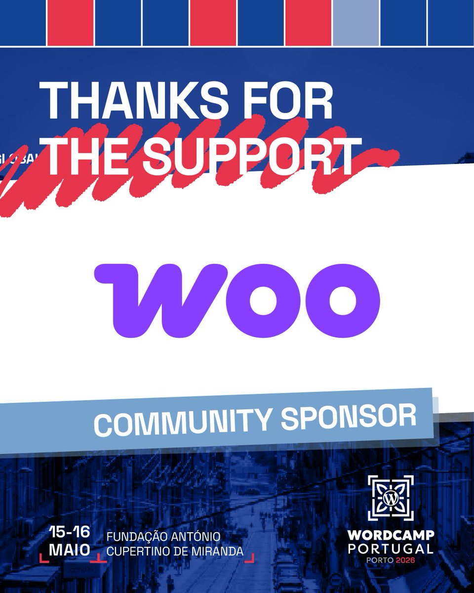 WordCampPT's tweet image. We are thrilled to have @WooCommerce as a sponsor for WordCamp Portugal 2026! 🚀Powering 31.4% of the top online stores, Woo brings unlimited flexibility to the WordPress ecosystem. Thank you for your support! #WordPress #WooCommerce #WordCampPT