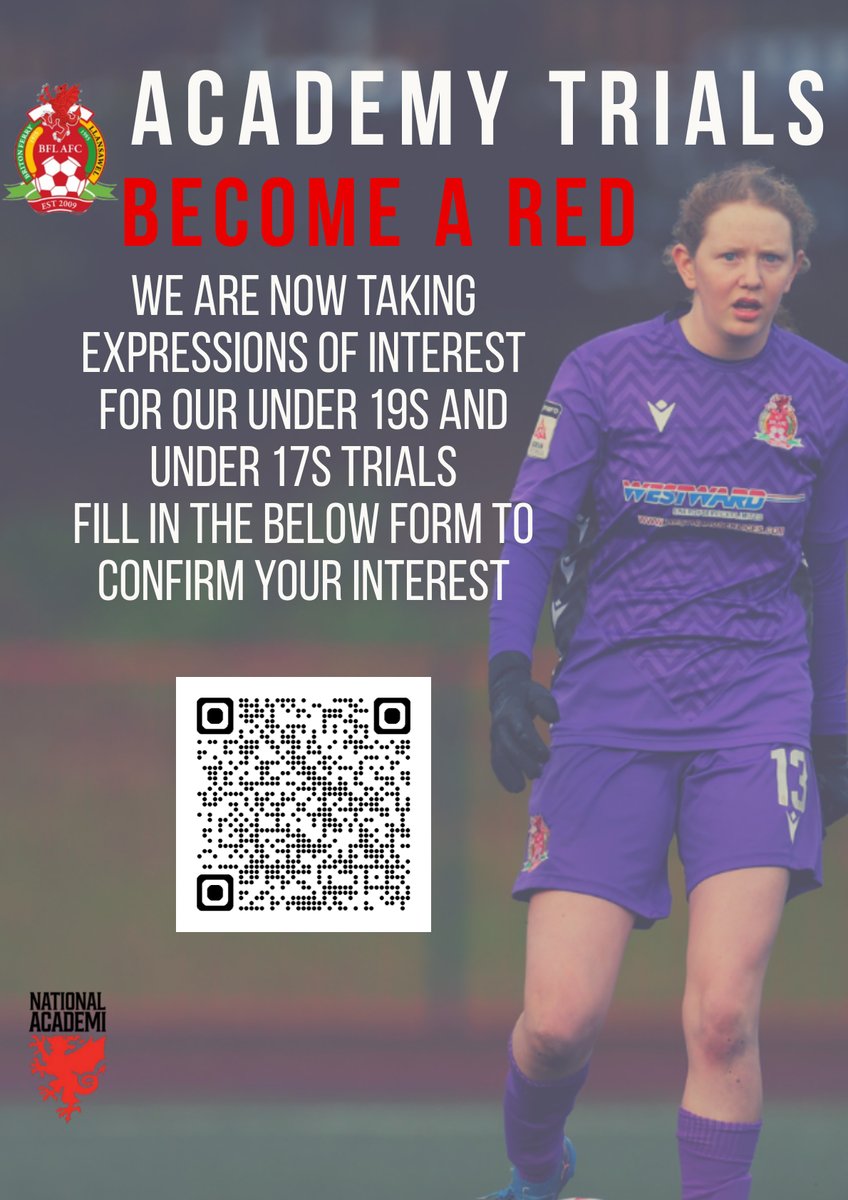 BFLAcademyGirls's tweet photo. Register your interest for our Under 19's and Under 17's trials 

Use the link below to fill the expression of Interest form or scan the QR code 

https://t.co/tHLCxBB4PV

#IAmRed https://t.co/q1vHGTFkjj