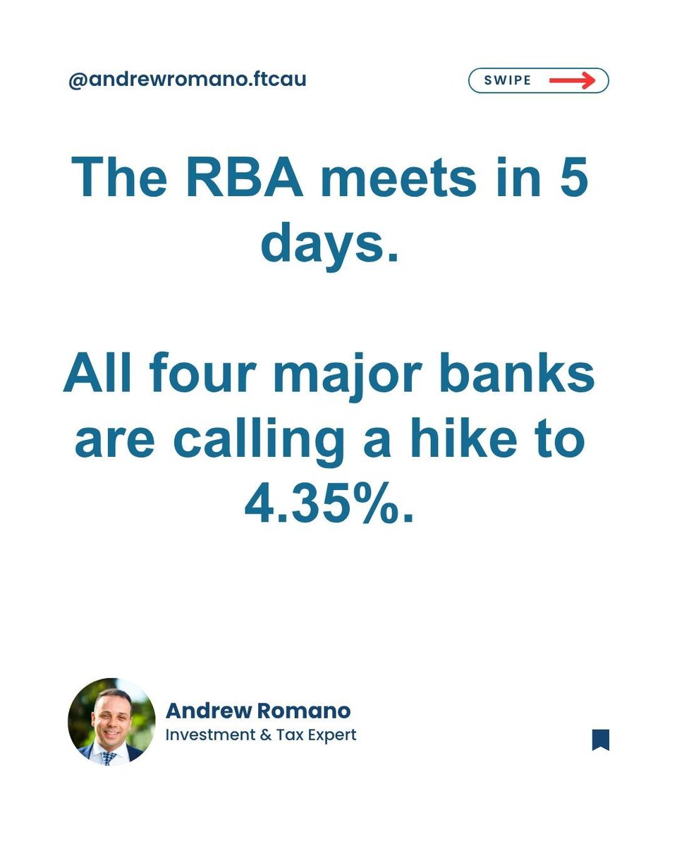 realAndyRomano's tweet photo. RBA Meets May 5: All 4 Banks Calling a Hike 

The RBA meets on May 5. All four major banks are forecasting a 25 basis point hike to 4.35%.

#RBA #interestrates #cashrate #australianproperty #mortgages #ratehike #FTCConsultants #AndrewRomano https://t.co/yjEQ32VZYi