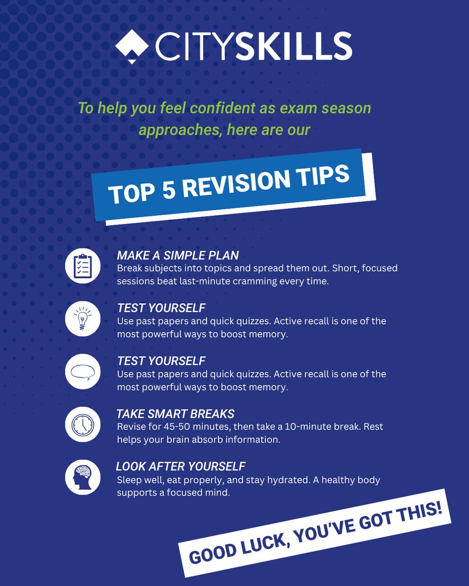 cityskillsscc's tweet image. Sharing our #Top5RevisionTips 💪 

Tip #5: Look after yourself! 

#Revision #Exams #RevisionTips #YouveGotThis