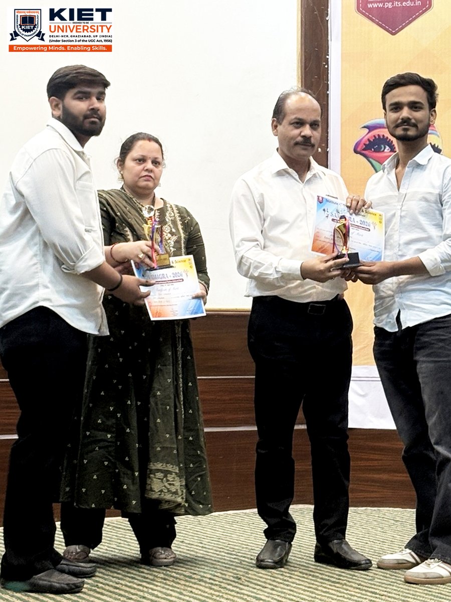 Kiet_edu's tweet image. 𝗠𝗖𝗔 𝗦𝘁𝘂𝗱𝗲𝗻𝘁𝘀 𝗦𝗵𝗶𝗻𝗲 ✨

MCA Batch 2025–27 secures top positions at ITS Samagra 2026.

🏆 Milan Khari &amp;amp; Mayank Kumar – 1st (₹3,000)
🥈 Piyush Garg &amp;amp; Ritik Chandela – 2nd (₹2,000)
Proud moment for KIET! 🚀

#KIET #MCA #StudentSuccess #ProudMoment