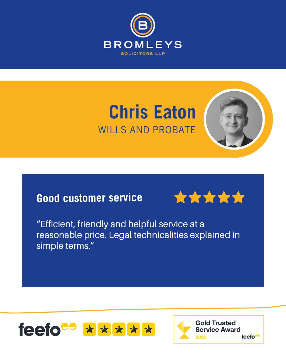 BromleysLLP's tweet image. 📝 Friendly, efficient advice explained in plain English.
Chris Eaton from our Wills and Probate team has received positive feedback for explaining legal details simply.
If you’re planning ahead, we can help: ow.ly/Z1Om50YP5Wu
#WillsAndProbate #FeedbackFriday #Bromleys
