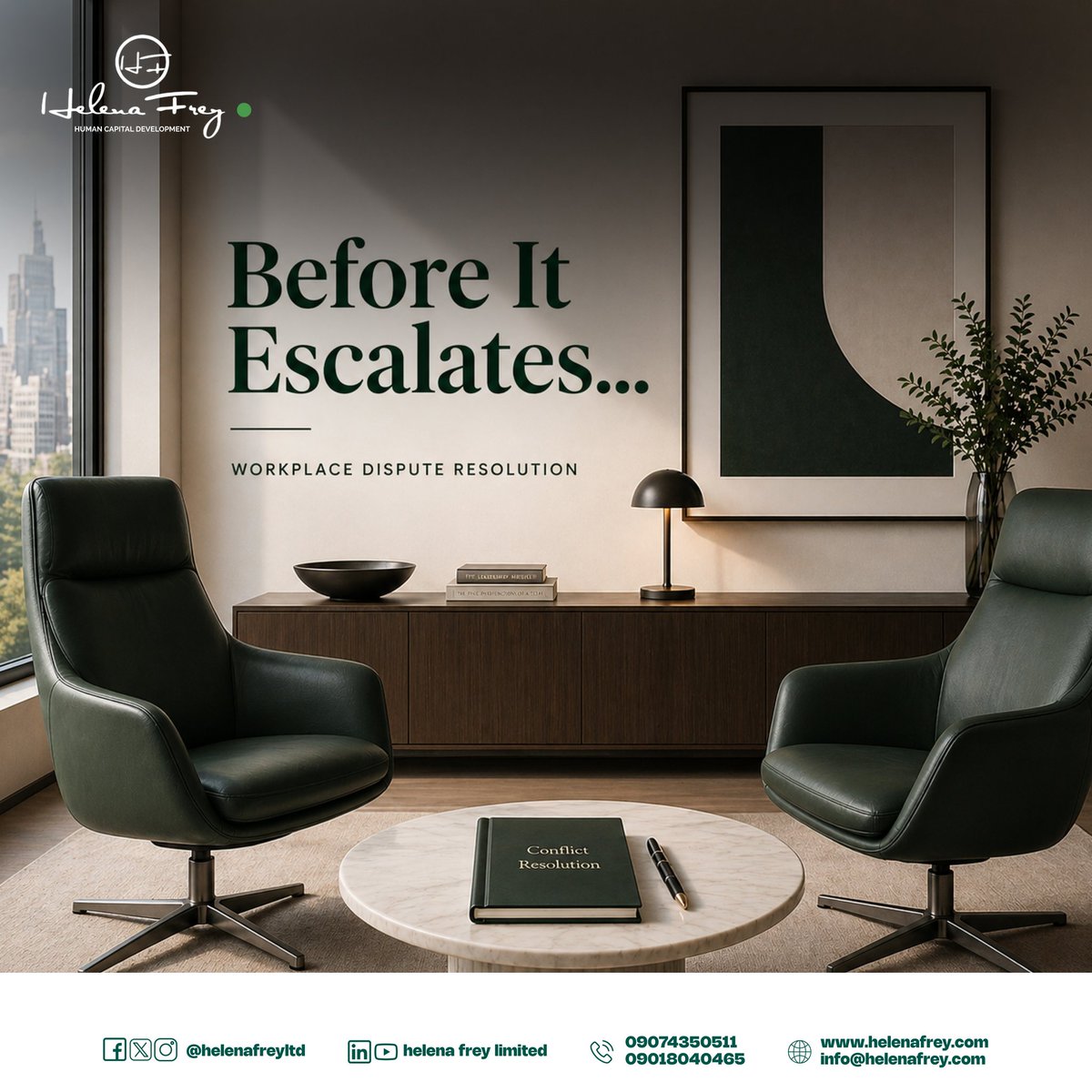 HELENAFREYLTD's tweet image. Conflicts doesn't always need escalation, it needs Structure, Neutrality, and Clarity
Helena Frey Mediation Services provide a professional space where understanding is built and resolution becomes possible.

#WorkersDay
#hrcommunity 
#conflict
#helenafrey 
#twitter