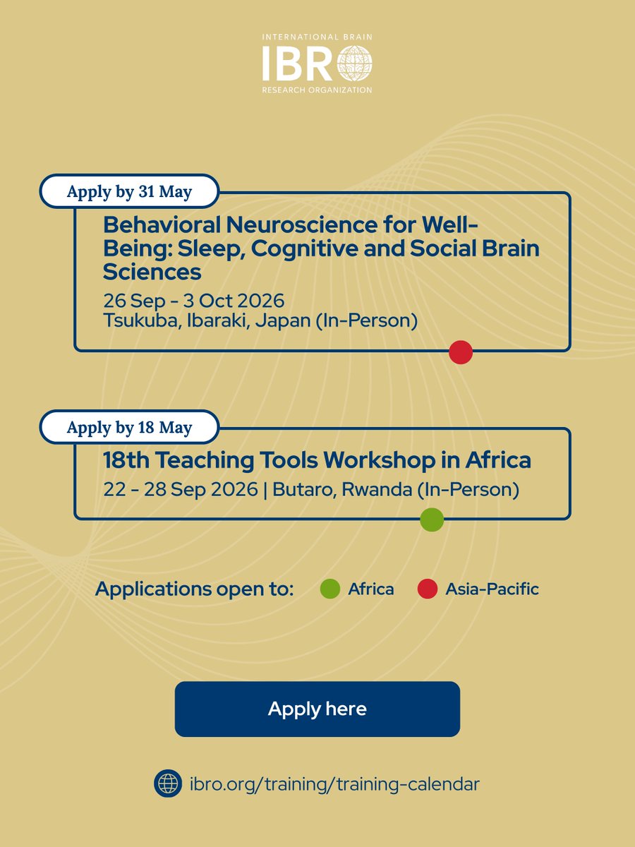 IBROorg's tweet image. 📅 The May IBRO #training calendar is here!
These 2️⃣ exciting courses are open for applications this month. Explore what they offer, check your eligibility &amp;amp; take the next step in your professional development.

ibro.org/training/train… 

@rpbiney @ElfarrashSara @Kavita_Babu_