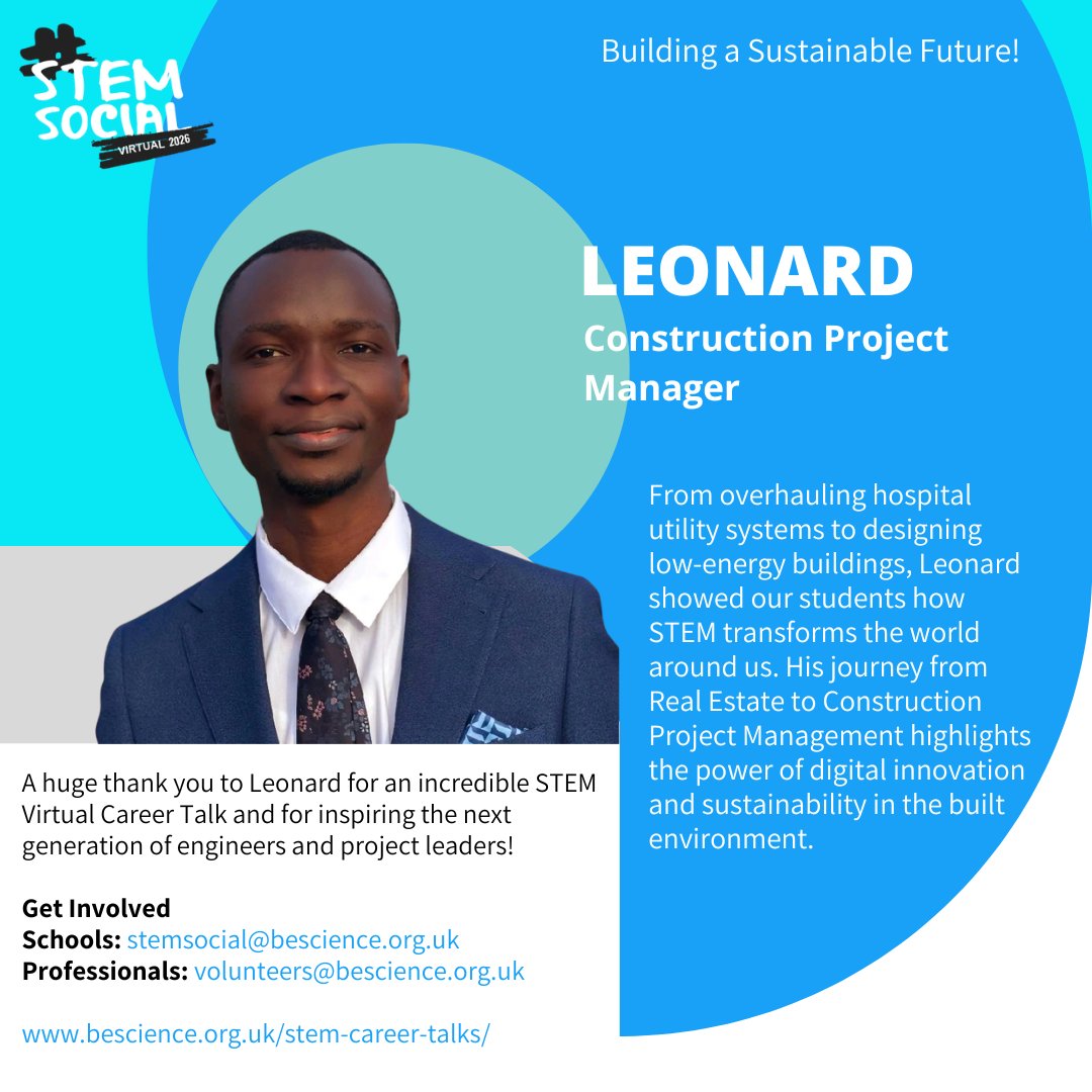BeScienceStem's tweet photo. Huge thanks to Leonard for an incredible STEM Virtual Career Talk! 

Get involved:
🏫 Schools: stemsocial@bescience.org.uk
🏗️ Professionals: volunteers@bescience.org.uk

#BeScience #STEM #CareerTalks #Construction https://t.co/6yefMKeNsn