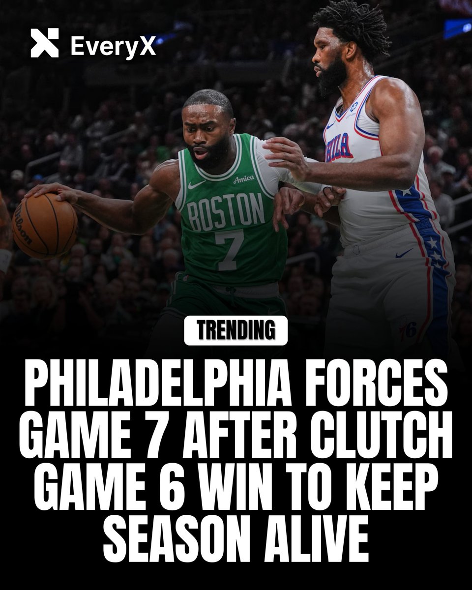 everyx_io's tweet photo. After a must-win Game 6, Joel Embiid and Tyrese Maxey keep Philadelphia alive, resetting the series to a final showdown.

Now Jayson Tatum and Jaylen Brown face one job: close it out or go home.

Every possession matters. One team advances. One season ends.

🔗 READ MORE: https://t.co/iqH4WGsuXd

#NBAPlayoffs #Game7 #Celtics #76ers #BasketballNews #EveryX #EveryXSports