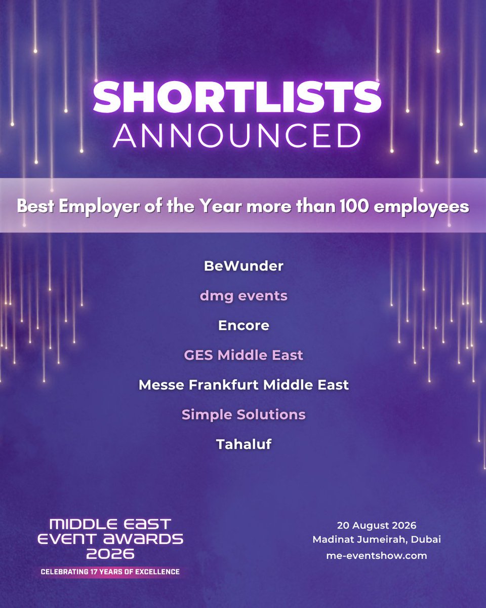 MEeventshow's tweet photo. We’re pleased to unveil the MEEA 2026 Shortlist.

2026 nominees from Best Employer of the Year >100 employees category represent a strong standard of creativity, impact and execution.

📅20 August 2026
📍Madinat Jumeirah, Dubai
🎟️Secure your table/seat: https://t.co/myNyDFT1EF https://t.co/m77oC3vj33
