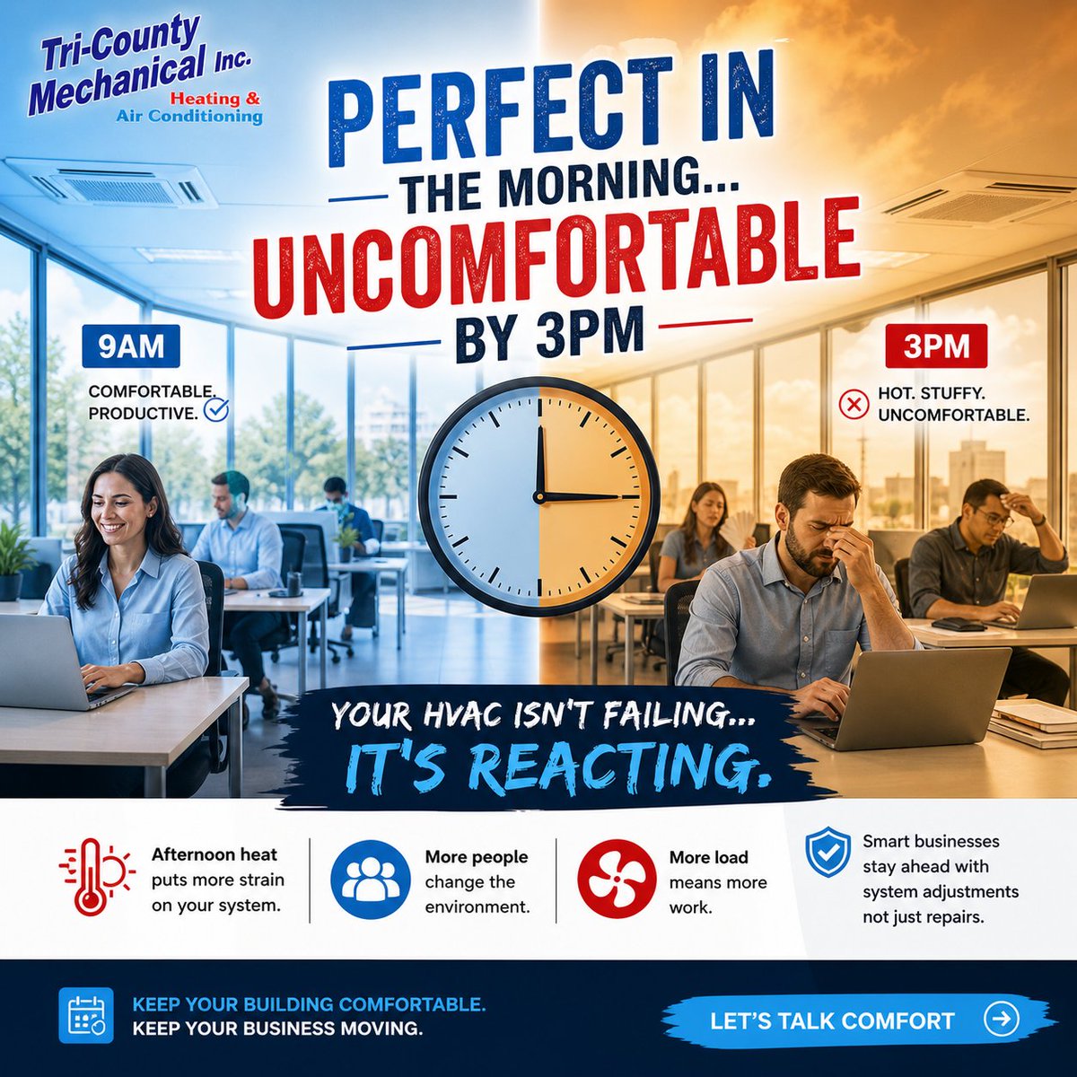 HVAC_TCM's tweet image. Feels perfect in the morning… then something shifts. 👀

That afternoon discomfort isn’t random—your HVAC is reacting to the day.

A few small adjustments can make a big difference. 

#tricounty #myrtlebeach #southcarolina #HVAC #HVACexperts #hvacservices #tricountymechanicalinc