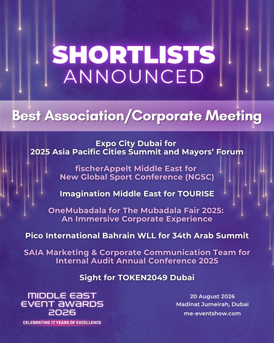 MEeventshow's tweet photo. We’re pleased to unveil the MEEA 2026 Shortlist.

This year's nominees from Best Association/ Corporate Meeting category represent a strong standard of creativity, impact and execution.

📅20 August 2026
📍Madinat Jumeirah, Dubai
🎟️Secure your table/seat: https://t.co/myNyDFT1EF https://t.co/j4KLatOaGh