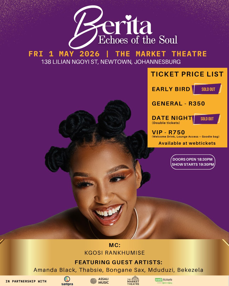 BeritaAfroSoul's tweet photo. To everyone who already has their ticket, I cannot wait to see you tonight. To those who have been waiting, this is your last chance.
@OfficialSAMPRAย
https://t.co/mOSa1Pghiz
#LoveTheBeatPayForPlay #ltbpfp #BeritaEchoesOfTheSoul https://t.co/1EeKGi1Xpa